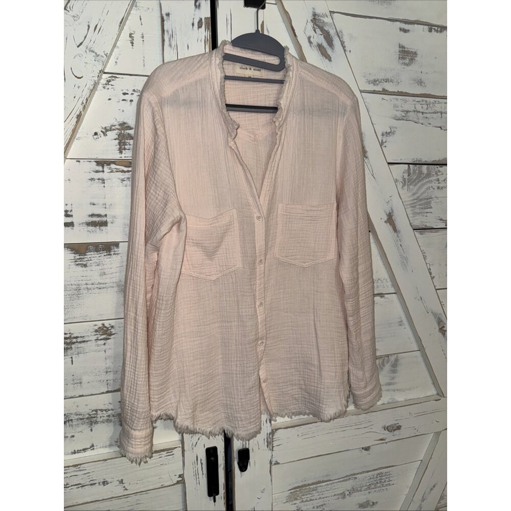 Cloth & Stone Blouse Women’s M Light Pink Gauze Long Sleeve Raw Hem Pocket Tunic